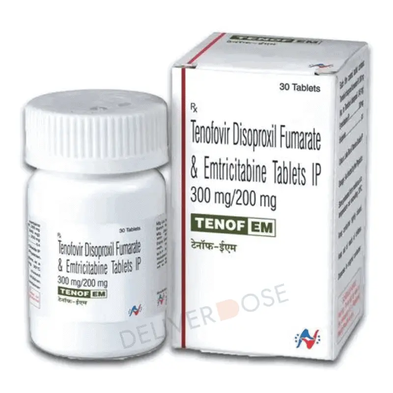 Tenof EM prep medicine delivered by DeliverDose contains tenofovir disoproxil fumarate and emtricitabine 300mg/200mg manufactured by Hetero labs